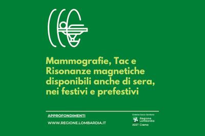 Titolo grafico: "Mammografie, Tac e Risonanze magnetiche disponibili anche di sera, nei festivi e prefestivi".
