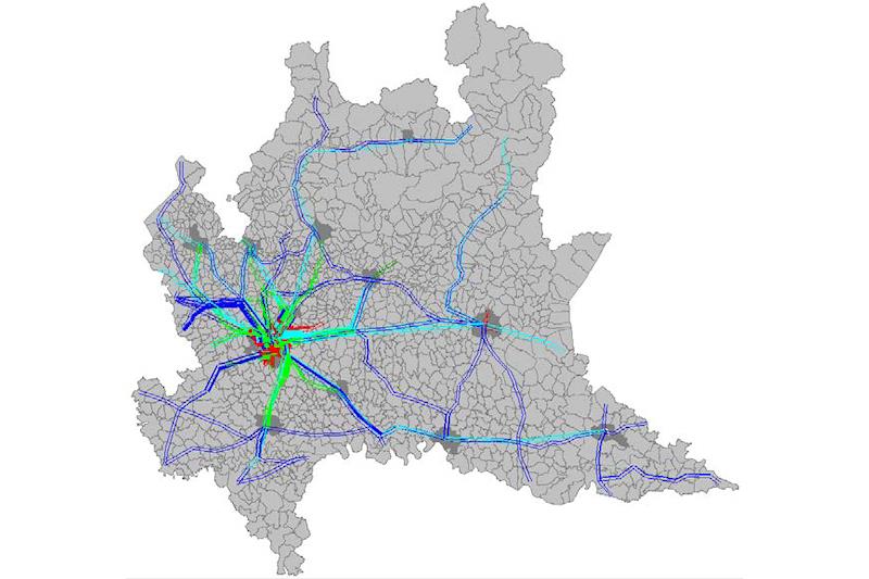 Il reticolo ferroviario disegnato sulla cartina della Lombardia.
